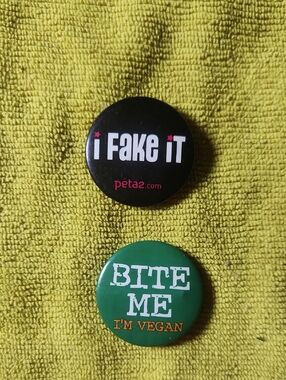 2 Peta Pinback Buttons Y2K Vintage 'I Fake It' & 'Bite Me I'm Vegan'